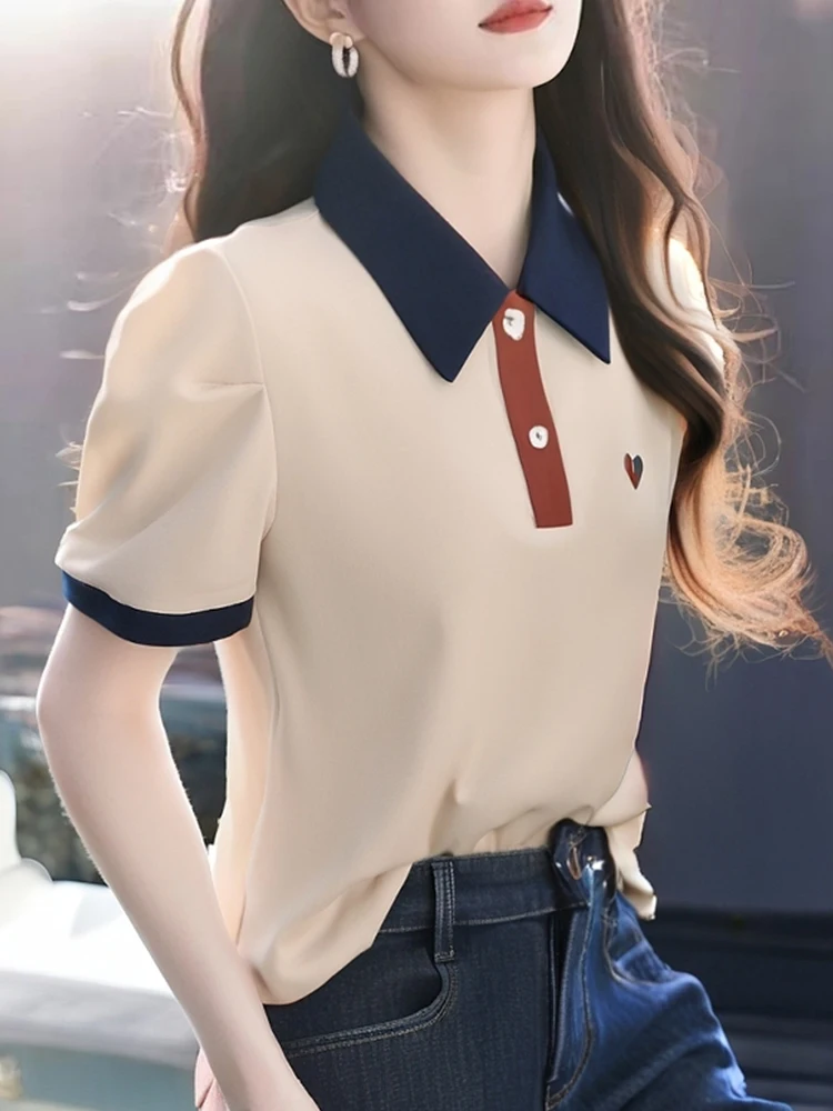 

Slim Fit Color Blo ort Sve T-irt with Stand Collar f Button Design Base irt Top for Women Summer 2026
