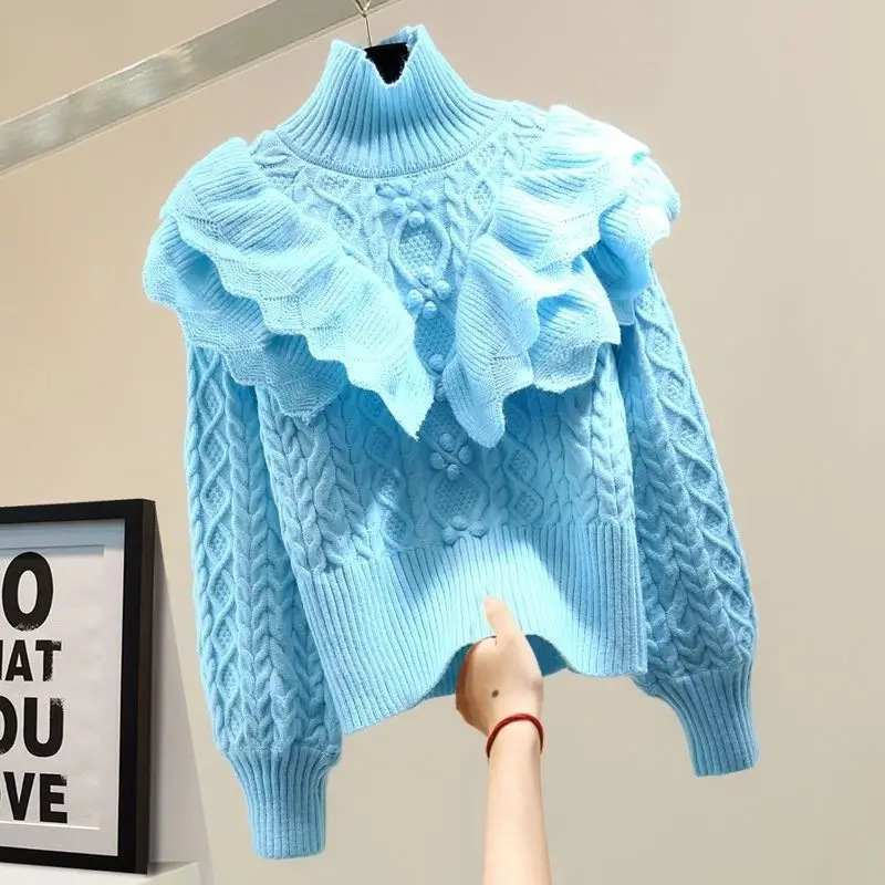 Women Autumn Winter Long Sleeve Ruffled Sweatshirts Casual Solid TurtleNeck Pullovers Ladies Fitted Fleece Knitted Sweater N79