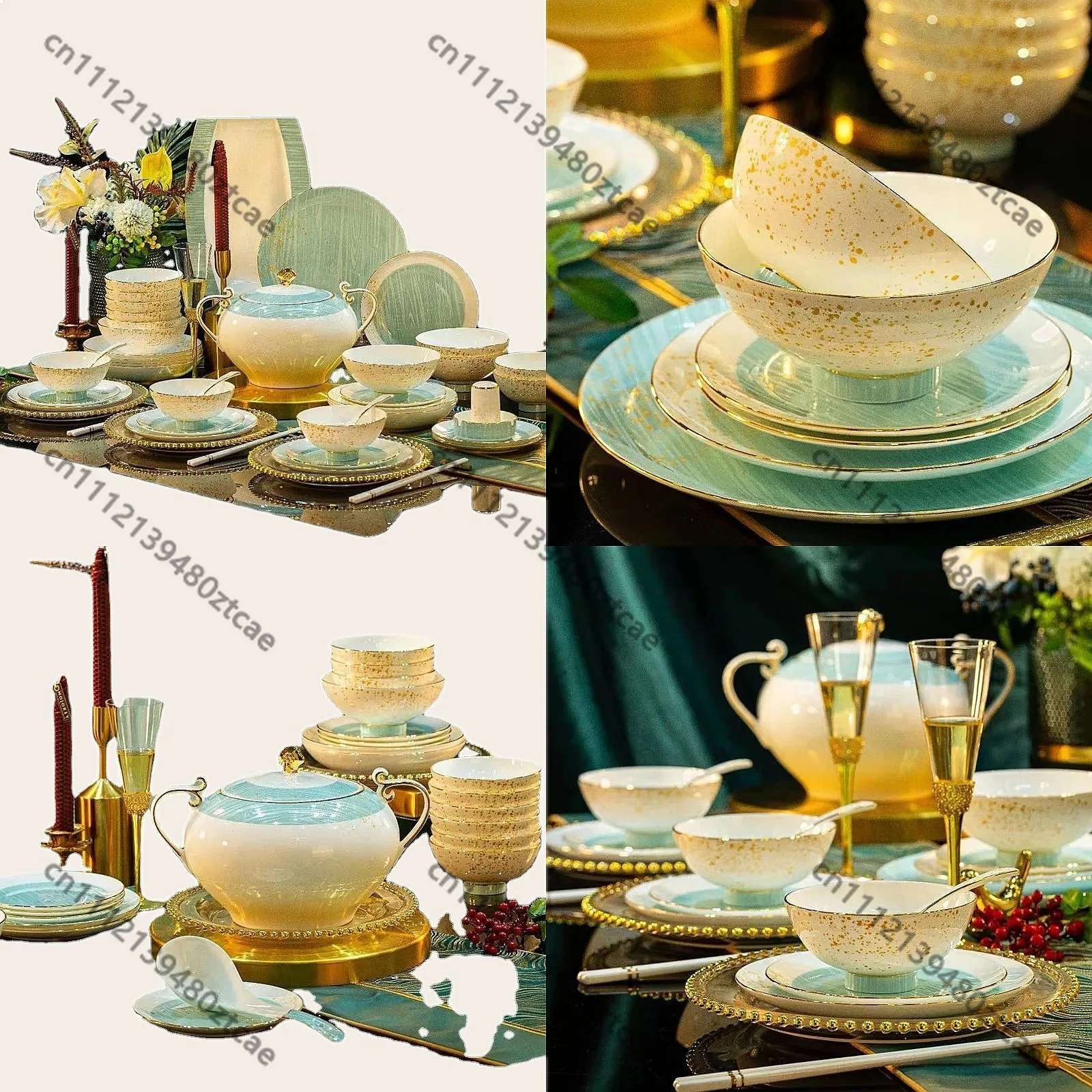 Luxury Bone China Dinnerware Set, Gold & White Porcelain Plates Bowls Cups for Restaurant