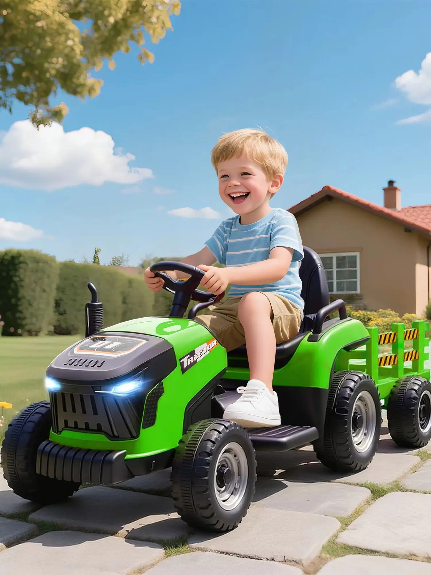 Elektrischer Kindertraktor, Spielzeugtraktor, mit Fernbedienung, Sanftanlauf, geeignet für Kinder von 3–8 Jahren, grün, Kinder elektrisches Spielzeugauto, Aufsitz-Spielzeugauto