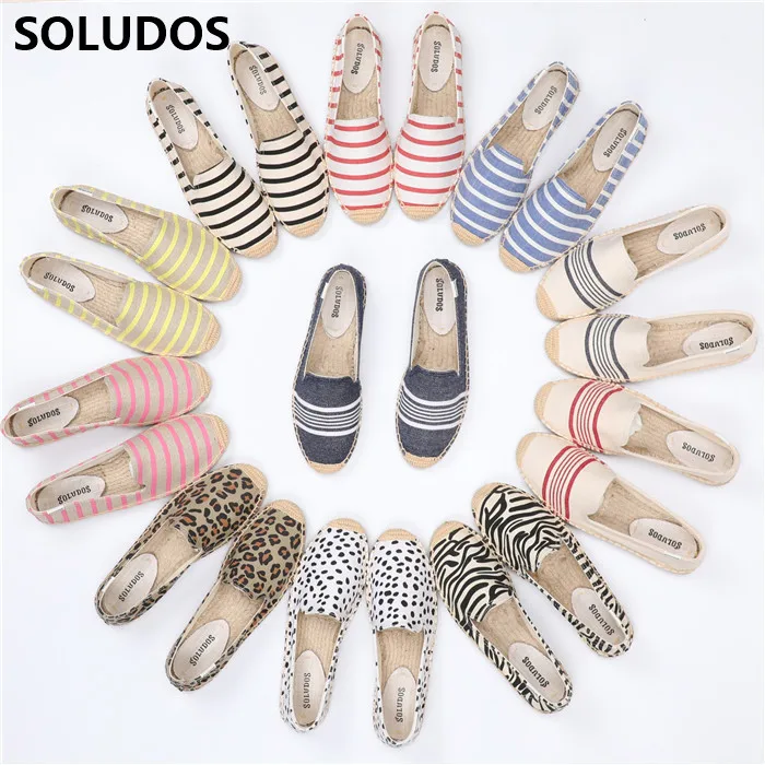 

SOLUDOS new women's thick soled grass woven linen soled shoes with linen canvas stripes, one foot flat fisherman's shoes