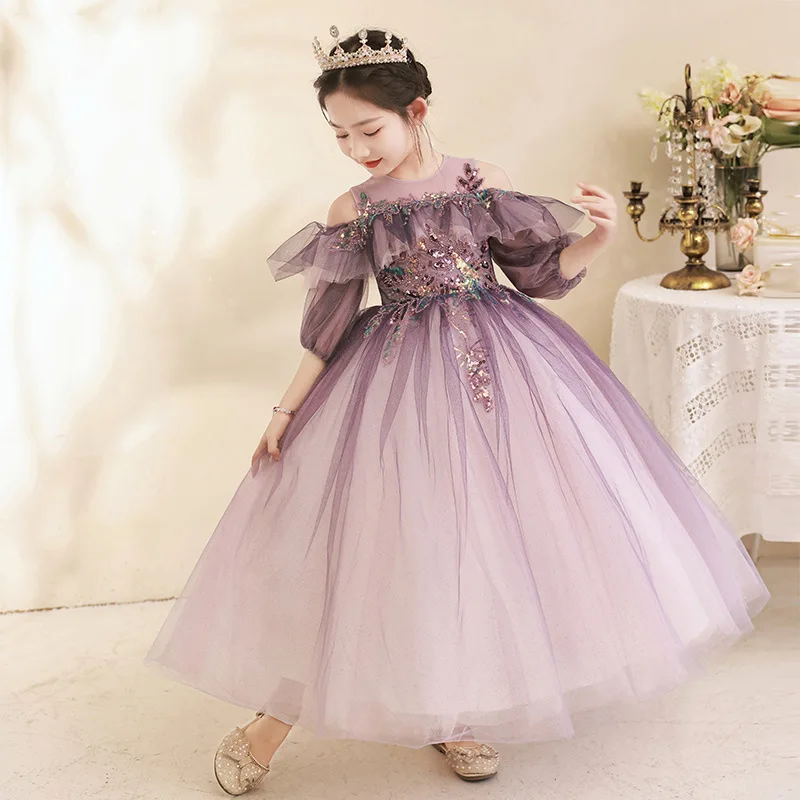 Flower Girls Birthday Party Princess Purple Off Shoulder Embroidery Wedding Dress Prom New Year Fluffy Tulle Children's Dress