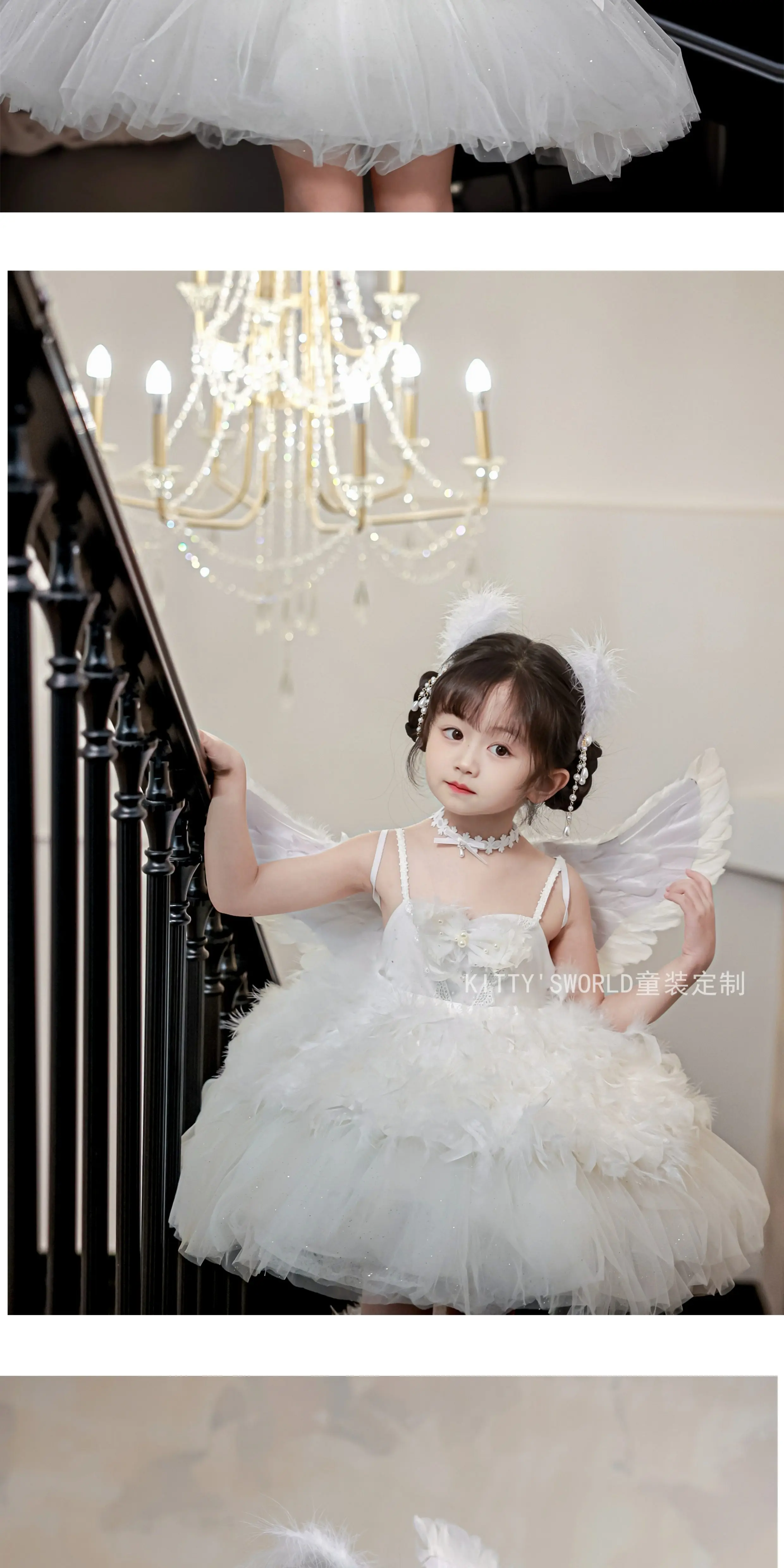 Mädchen Prinzessinnen-Hochzeitskleid Blumenmädchen Trägerkleid mit Federn Engelsflügel Lolita Geburtstagsparty Geschenk Süßes Kinderkleid – Detail 14