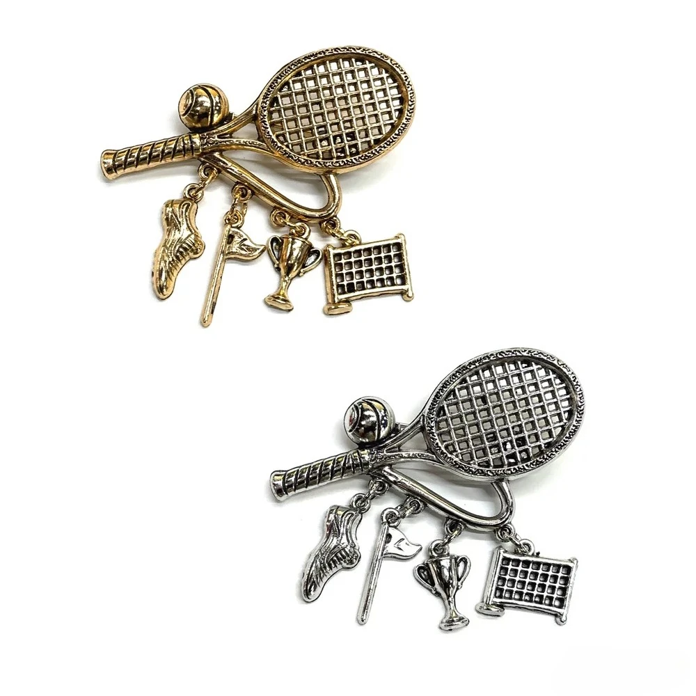 Vintage Style Tennis Racket Charm Brooch Sports Trophy Shoe Flag Net Metal Pin Gift