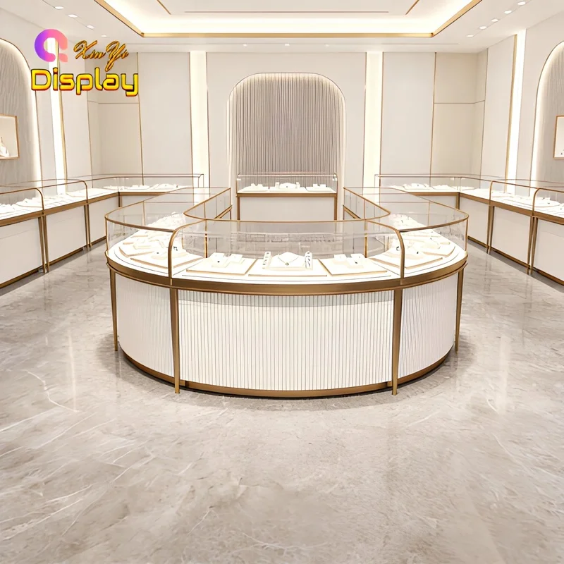 custom.Luxury Stainless Steel Jewelry Display LED Lighting Lock Shopping Mall Showroom Retail Interior Desig
