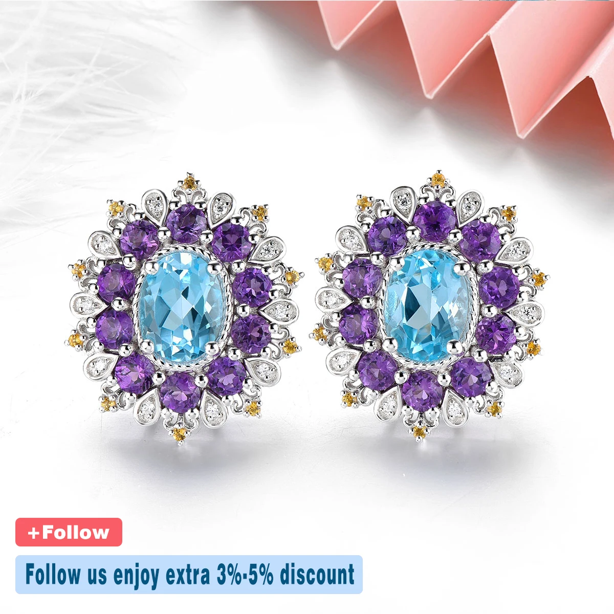 Natural Blue Topaz Amethyst Sterling Silver Stud Earring 5.5 Carats Genuine Gemstone Colorful Fine Jewelry Original Design