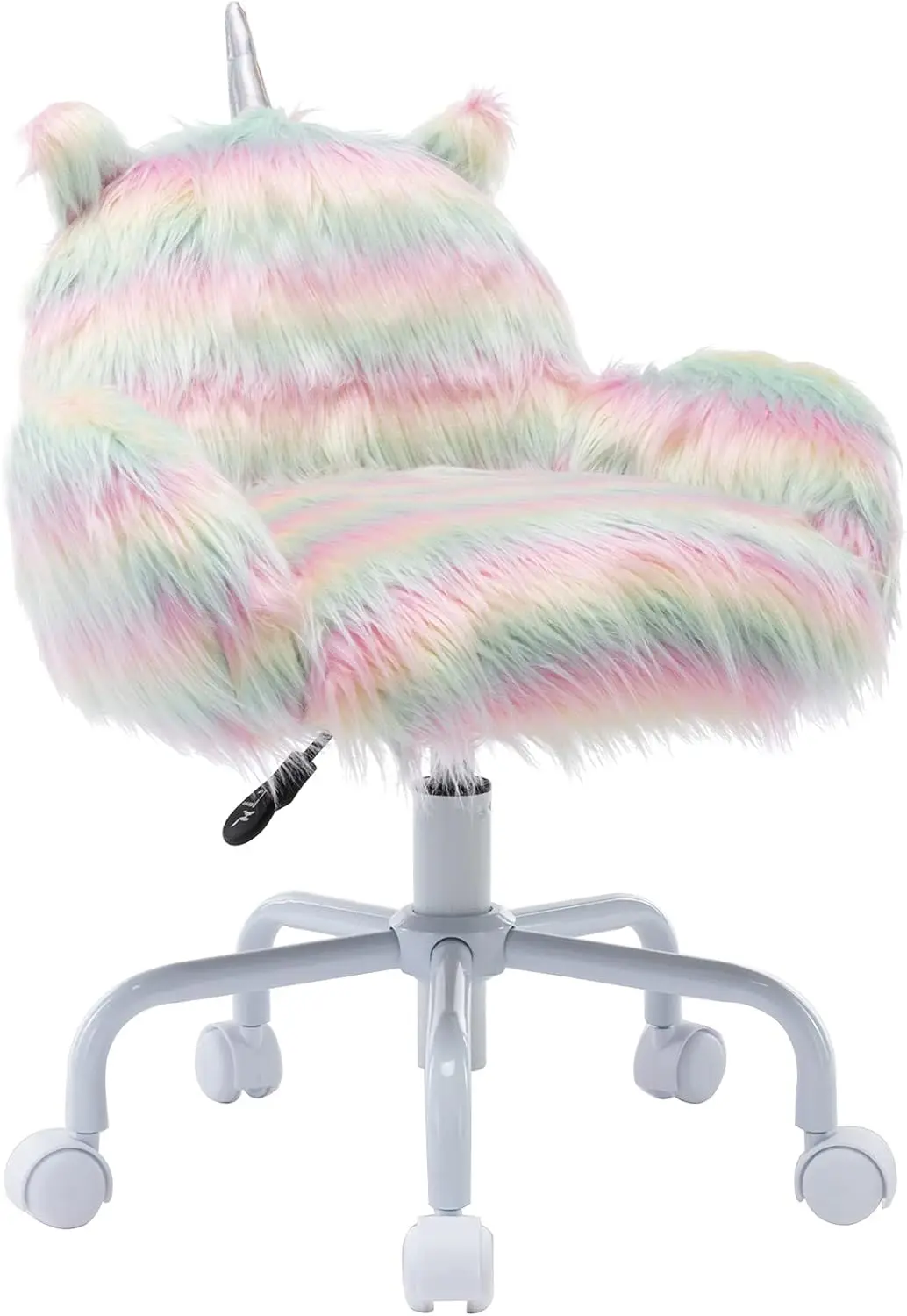 Cute Unicorn Kids Desk Chair with Arms, Swivel Rolling Ergonomic Computer Chair for Girls' Reading and Study, Rainbow Faux Fur V