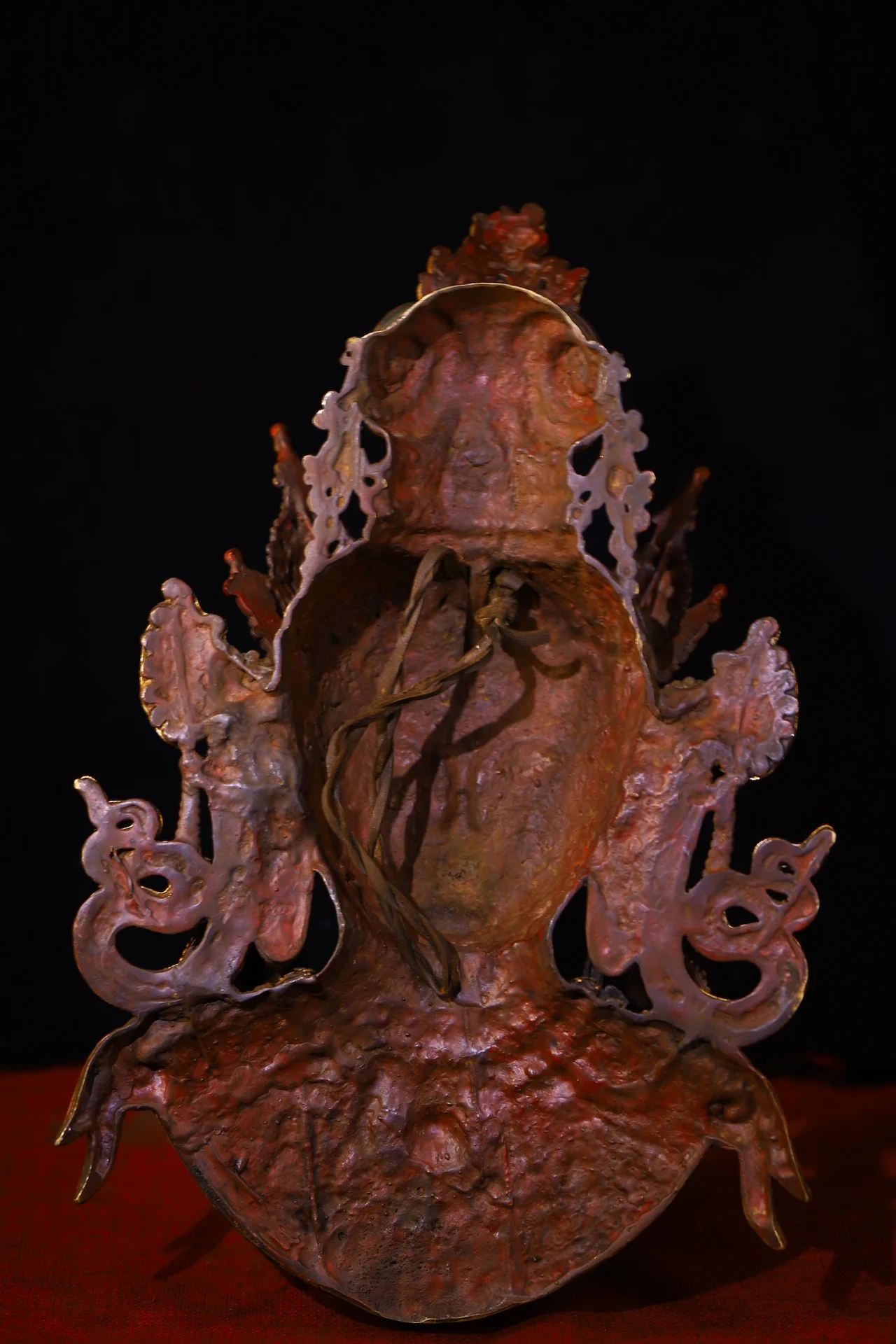 

16”Old Xizang Folk Collection Old Bronze Cinnabar Mosaic Gem Turquoise Green Tara Buddha Head Mask hanging panel Worship Hall