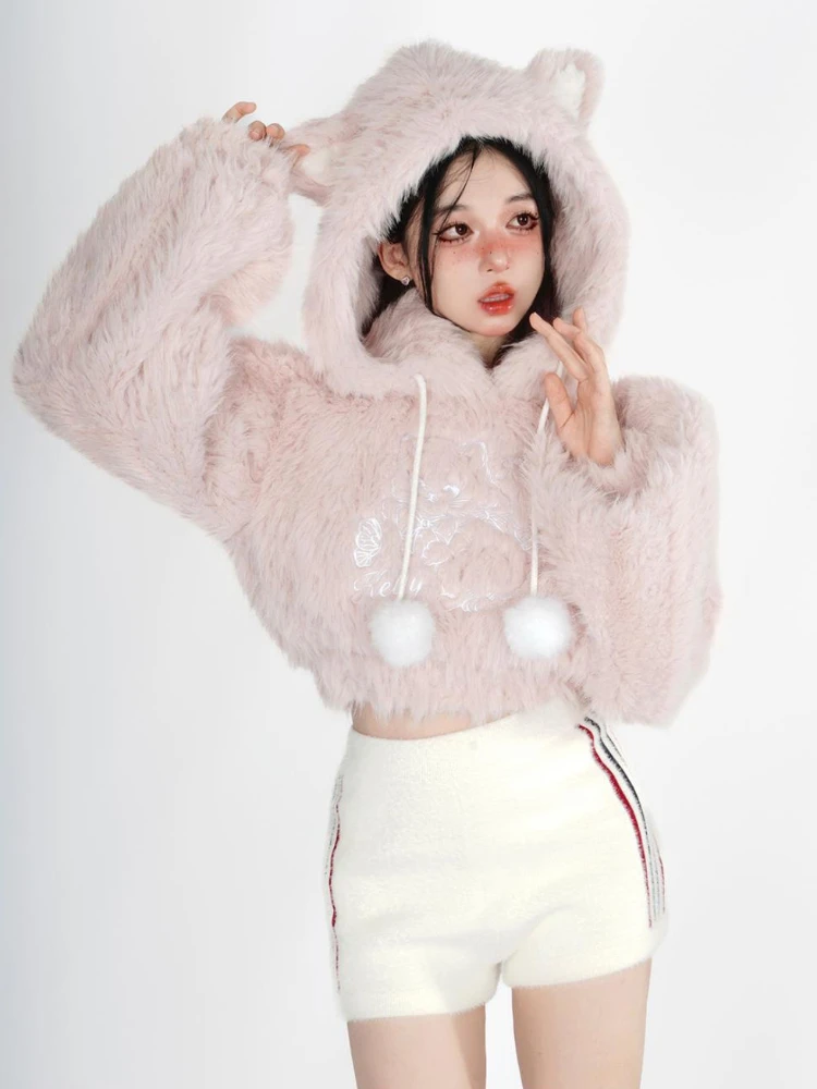 Suéter Kawaii Lolita Rosa cálido para mujer, Tops con capucha de hada dulce japonesa, jerséis coreanos de manga larga para mujer, Invierno 2023