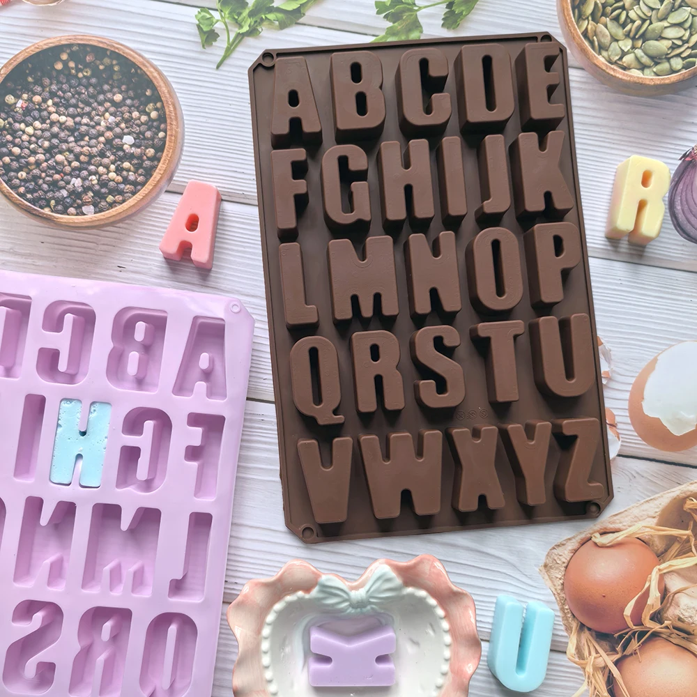 1 Stück große Buchstabenform mit 26 Mulden, Silikon-Buchstabenform, geeignet für Buntstifte, Harz, Schokolade, Süßigkeiten, Wachs, Kuchenbackdekoration