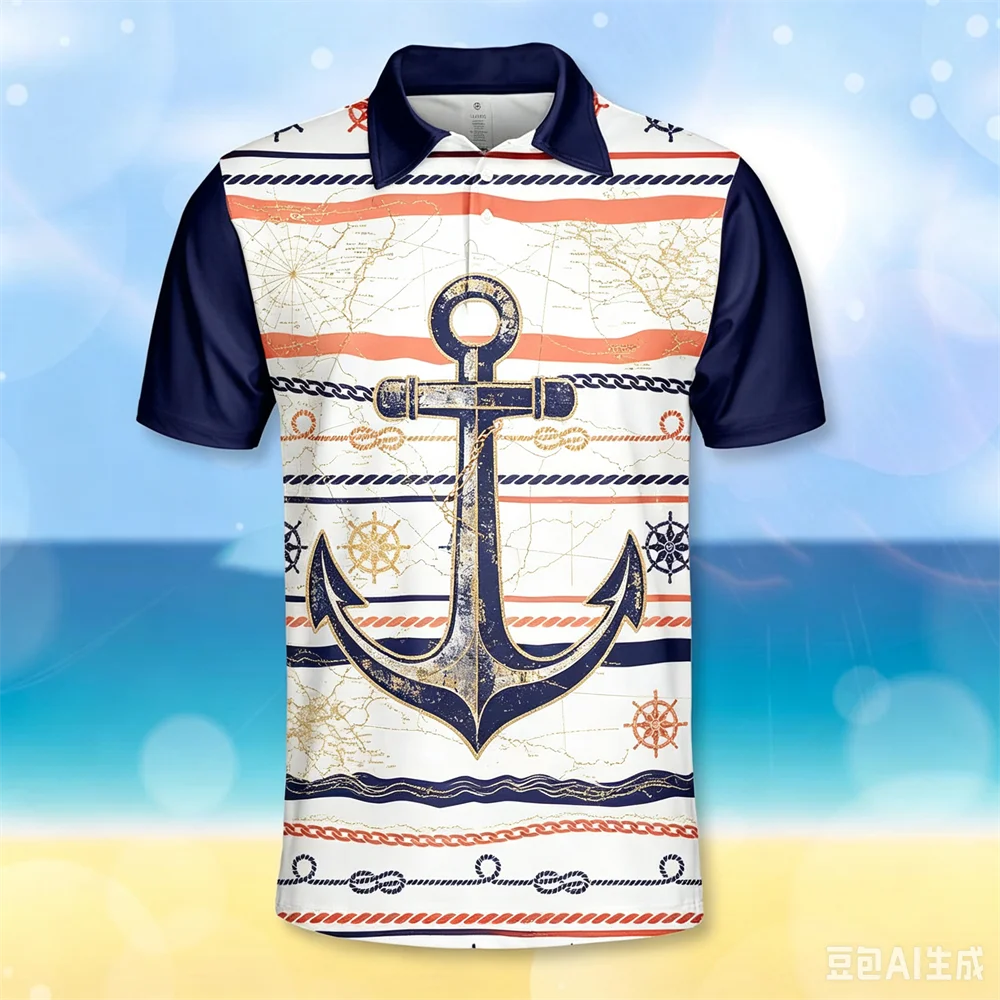 Mens Nautical Anchor Striped Polo Shirt Quick Dry Fabric Short Sleeve Tops For Sailing Fishing Beach Daily Summer Casual Wear