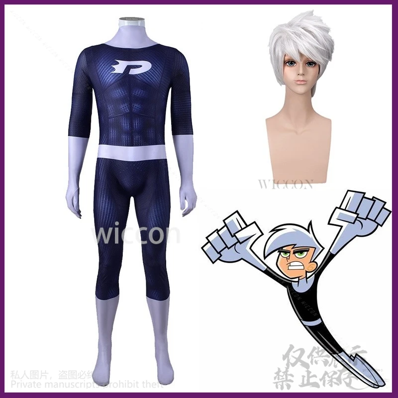 Anime Danny Phantom Cosplay Kostüm gedruckt Super heroo Halloween Bodysuit Zentai Anzüge Danny Fenton Cosplay Overall Erwachsene Kinder