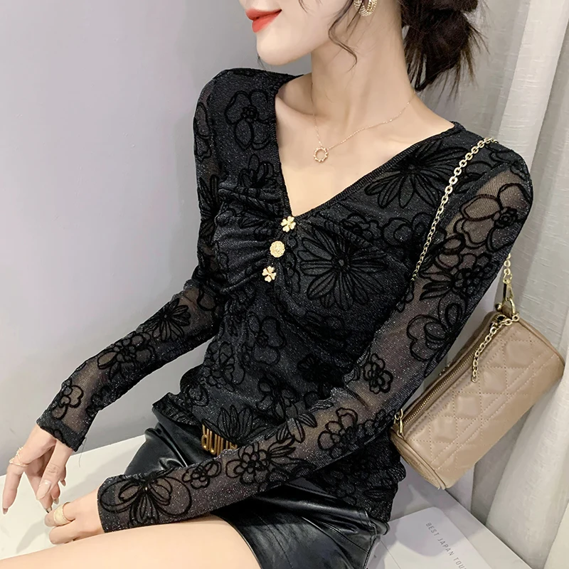 European,Clothes,T-Shirt,Chic,Sexy,V-neck,Draped,Flower,Pullover,Women,Tops,Long Sleeve,Bottoming Shirt,Tees,2026,New,6917004