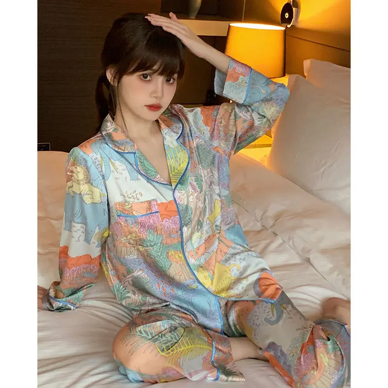 Printed Silk Pajama Sets Women Long Sleeve Cardigan Pants Two Pieces Sets Loungewear High-end Nightwear Sleepwear Thin Suits