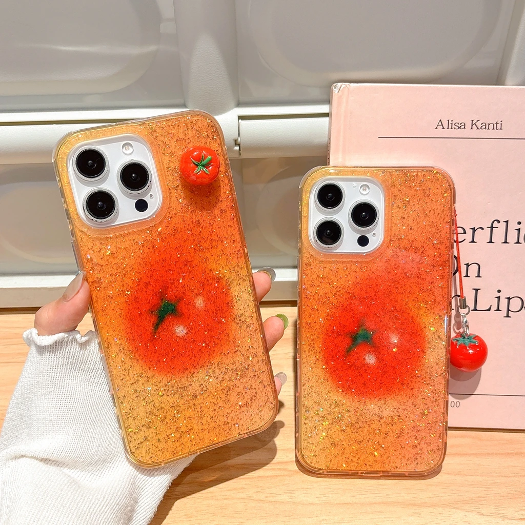 BlingBling Full Screen Glitter Stereoscopic Tomato Pendant Shockproof Protective Phone Cover Case for iPhone 16 15 14 13 Pro Max