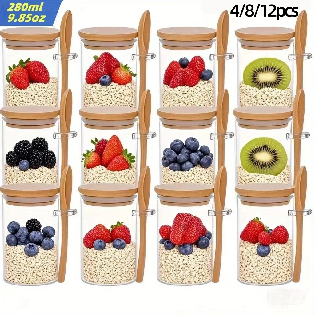 4/8/12Pcs, Oatmeal Breakfast Cups with Lids (9.85Oz/280Ml), Meal Prep Containers, Glass Jars Suitable for Chia Seeds, Pudding, and Yogurt