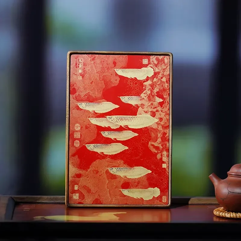 Chinese Brass Wooden Art Ornament Nine Fish Pattern Desktop Painting Home Decoration Gift New Style Elegant Craft for Living