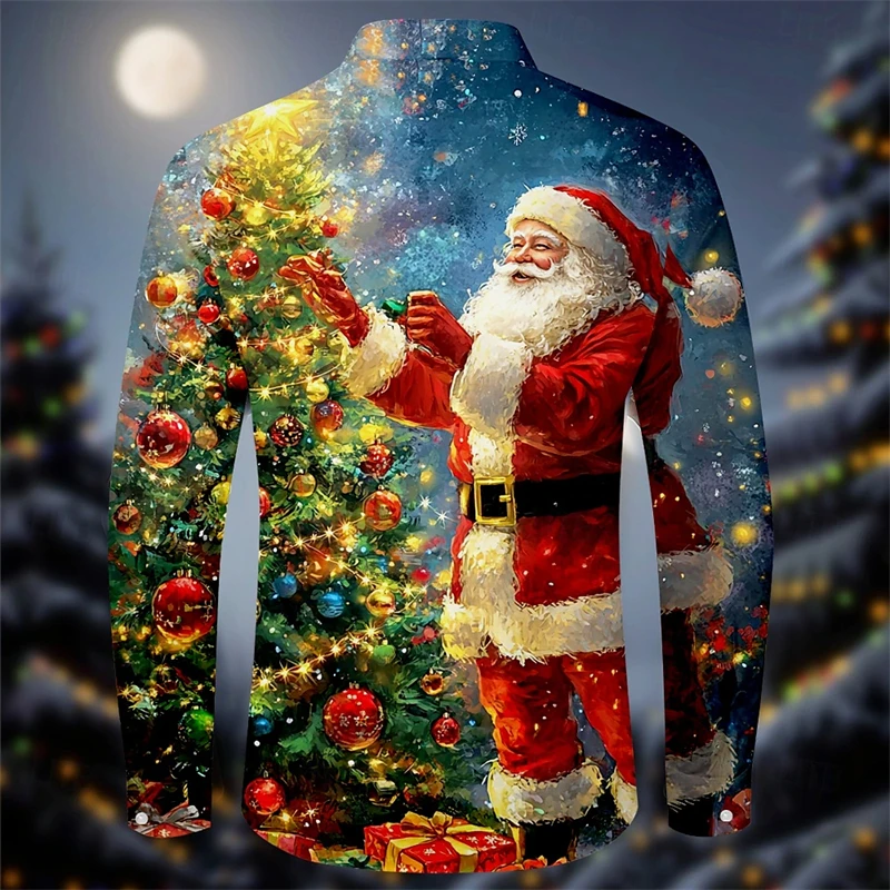 Christmas Theme Long Sleeve Shirts 3D Printed Painting Santa Claus Lapel Shirts Festival Casual Fashion Slim Streetwear Blouse