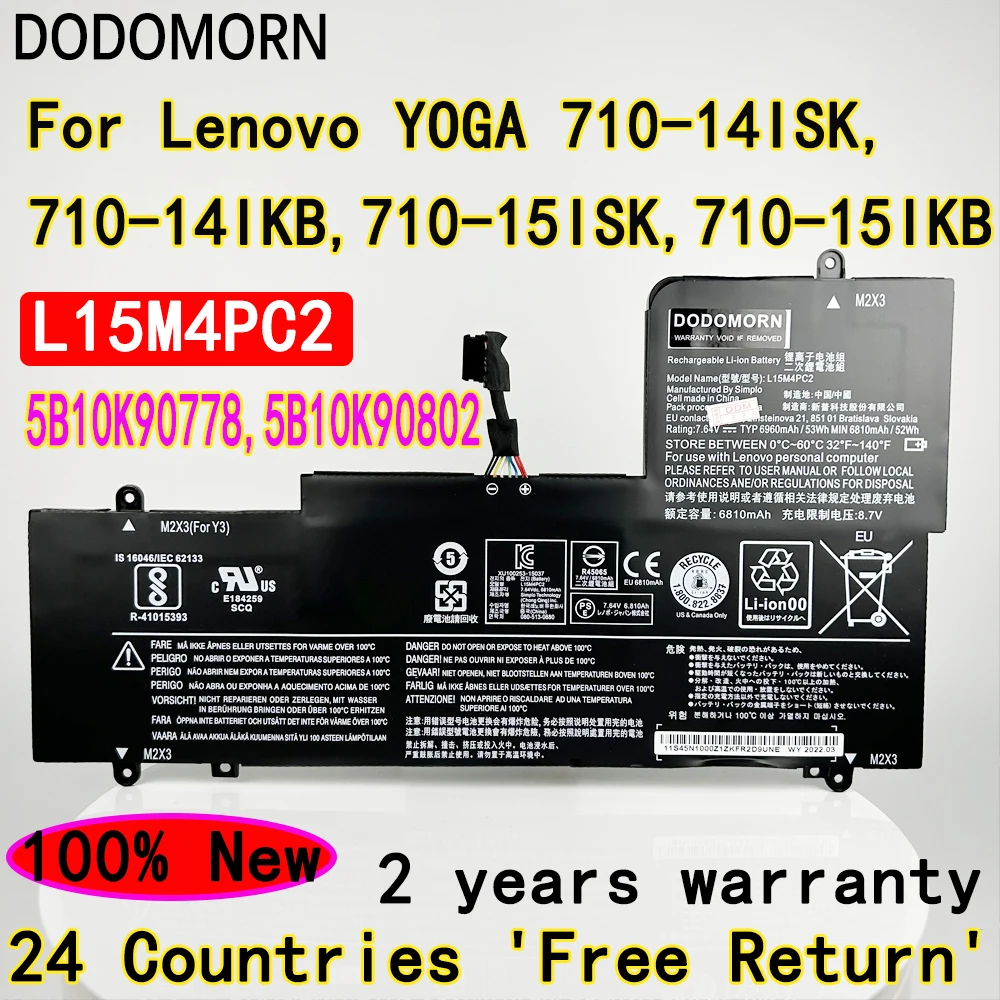 DODOMOR New L15M4PC2 L15L4PC2 Laptop Battery For Lenovo YOGA 710-14ISK 710-14IKB 710-15ISK 710-15IKB 5B10K90778 5B10K90802 53WH