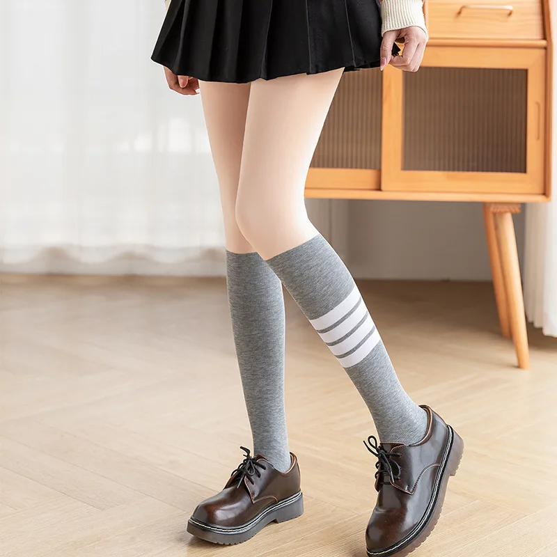 Striped stitching bare leg pantyhose autumn and winter flesh-colored stockings women\'s plus velvet thickening bottoming socks