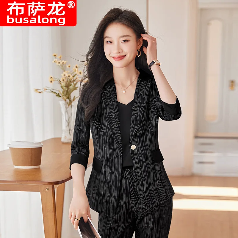 Fashion High-End Business Suit Women's Summer2024New Casual Temperament Goddess Style 3/4 Sleeve Suit Two-Piece Set