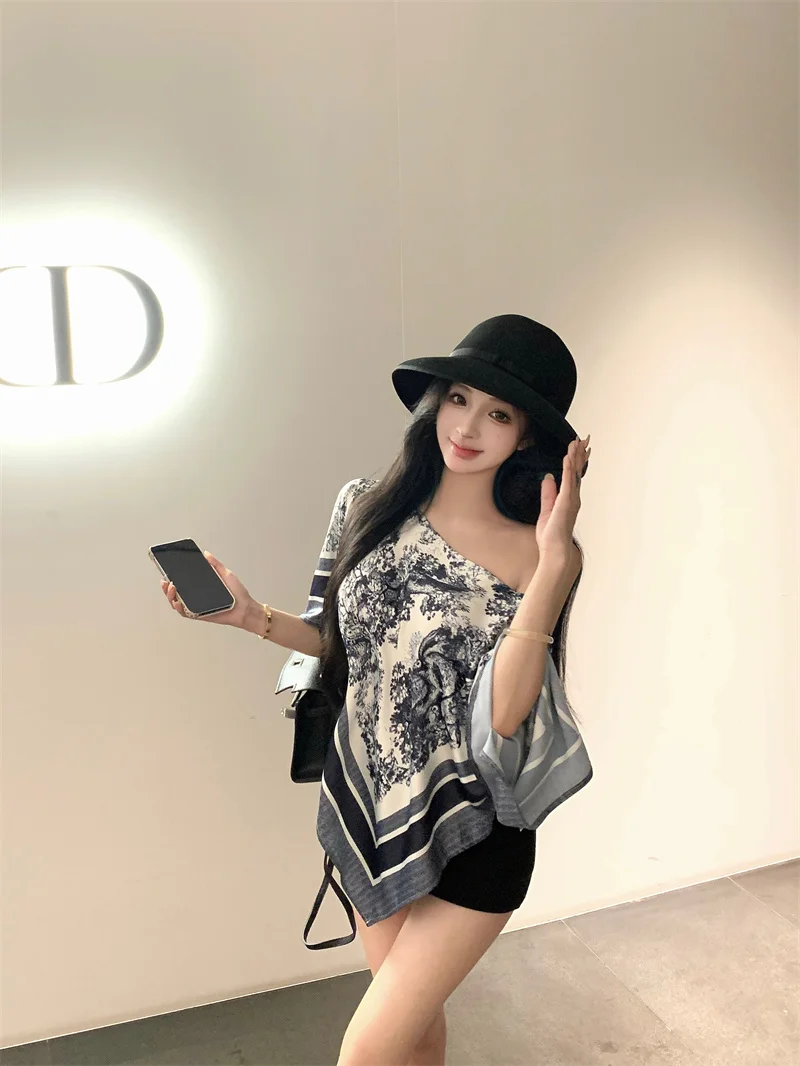 

Свободный повседневный топ с асимметричным принтом Ele Printed irt Women's Faion Summer New Sle из полиэстера ort Sve Top