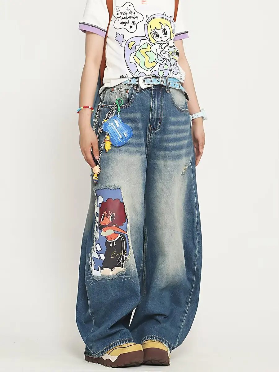 Korean Style Kawaii Cartoon Patch Washed Baggy Women's High-Waisted Jeans Y2K Harajuku Hip Hop Goth Casual Baggy Trousers 2025
