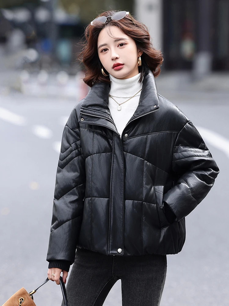 Giacca in Vera Pelle da Donna, Cappotto Casual Imbottito in Piuma d'Oca, Pelliccia di Agnello, Caldo e Imbottito con Chiusura a Cerniera, Nuovo Modello Invernale