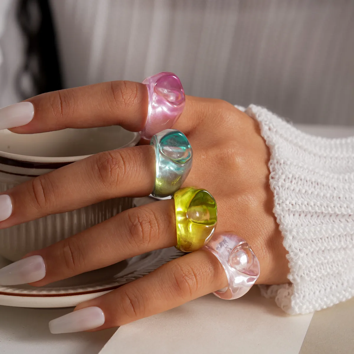 4pcs-set Transparent Colorful Irregular Resin Statement Ring Chunky Geometric Ring for Women Y2K Aesthetic Jewelry