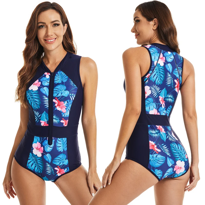 2024 Sleeveless Swimsuit Women One Piece Rash Guard Surf Bodysuit Floral Zipper Swimwear Girl Monokini Bath Swimming Wear S-XXL