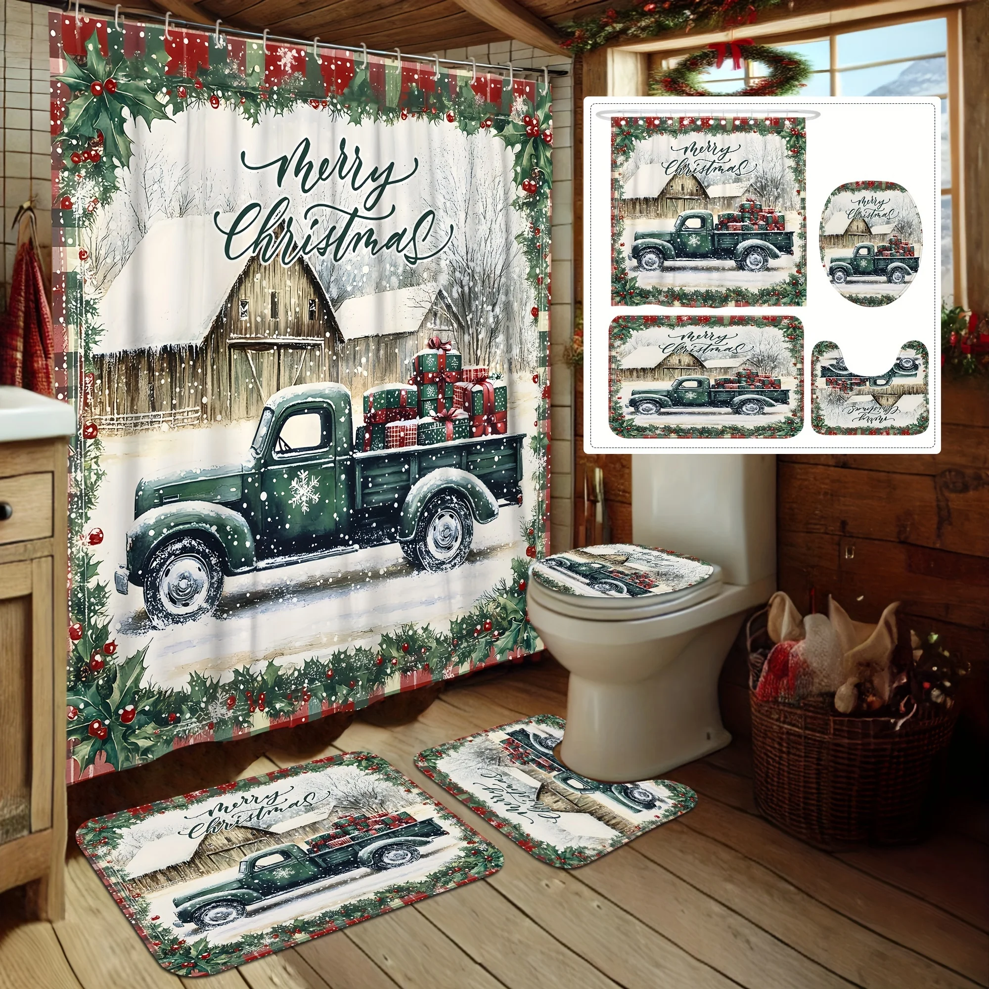 4Pcs Xmas Bath Set, Truck Gift & Holly,Farmhouse Green Red, Snowflakes Design, 12 Hooks, Non-Slip Mat, U-Shaped Cover, Home Gift