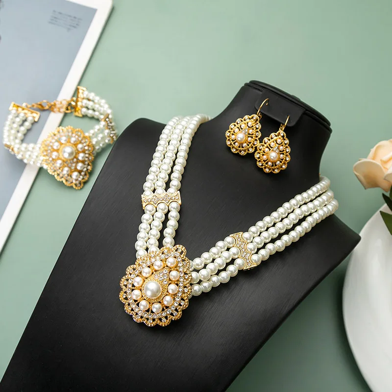 Luxury Vintage Wedding Party Dress Pearl Necklace Handmade Beaded Water Drop Pendant Necklace Bracelet Earrings Jewelry Set (7)