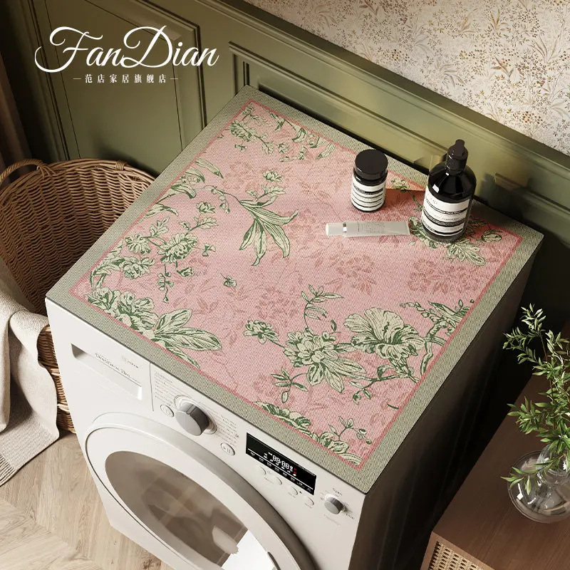 Vintage Green Line Floral Washing Machine Top Cover Mat Pink Base Border Print Waterproof Anti Dust Dryer Cabinet Surface Pad