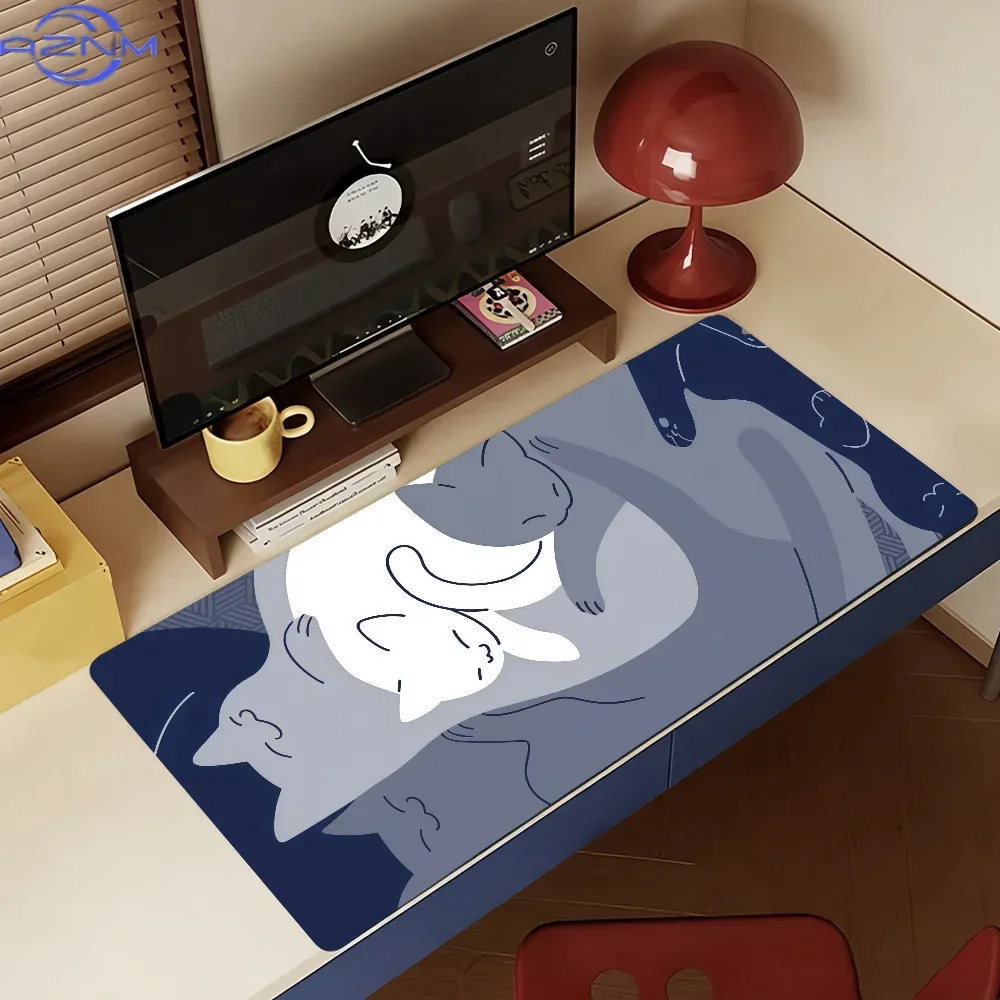 Navy Blue Abstract Sleeping Cat Line Art Extended Mousepad, Non-Slip Rubber Base Large Desk Mat, Smooth Surface for Gaming Offic 5