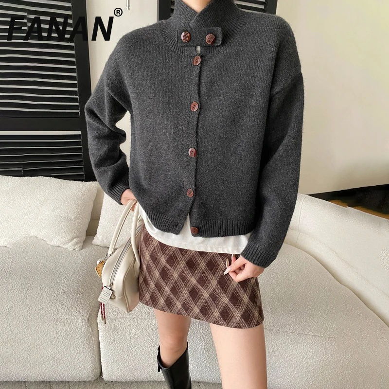 

FANAN Minimalism Woolen Knitted Cardigan Sweater For Women Stand Neck Single Breasted Fit Coats 2025 Winter New Fashion Tops