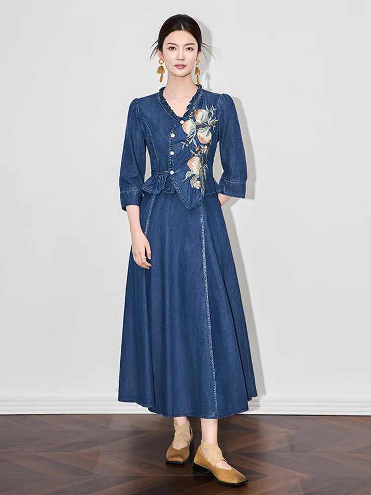 TIYIHAILEY Women Embroidery Long Mid-Calf Denim Summer Dress M-2XL V-Neck Ladies Clothing New 2025 Fake 2pcs