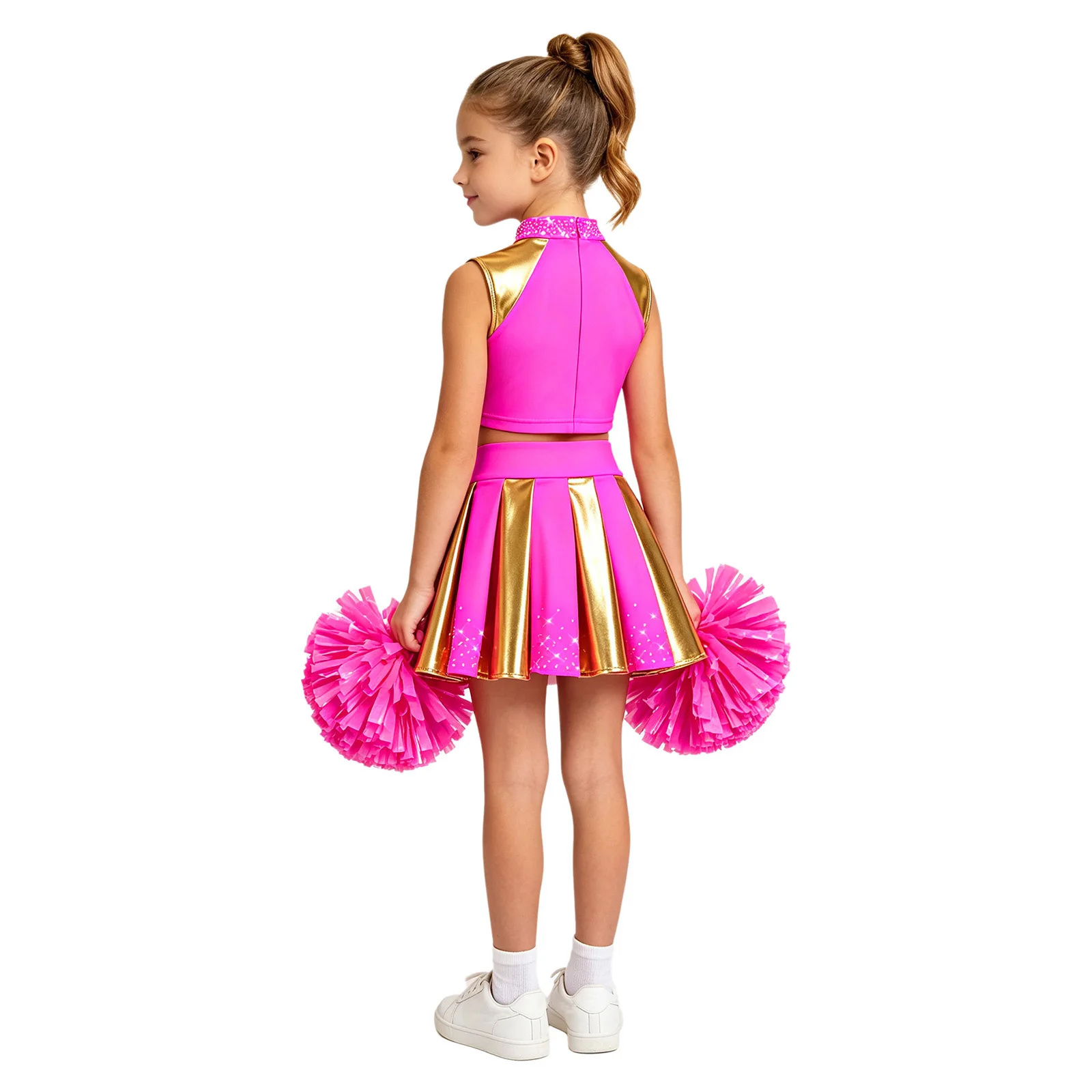 Cheerleader-Kostüm für Mädchen, Cheerleading-Uniform, 2-teiliges Set, ärmelloses Top mit Strasssteinen und „CHEER“-Aufdruck, kurzes Oberteil, plissierter Rock, Tanzoutfit. – Detail 6