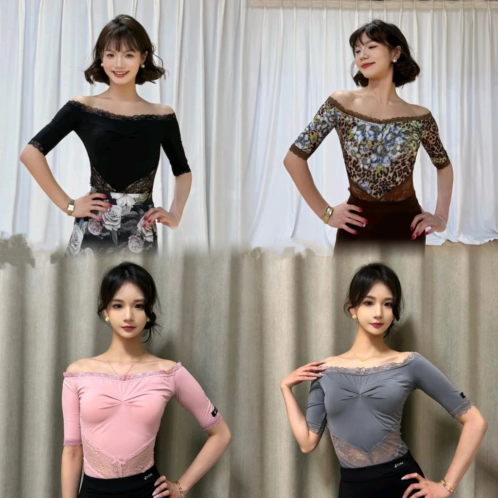 

Latin Ballroom Dance Clothes Lace Off Shoulder Tops Flower Long Skirt Adult Waltz Dance Costume Women Practice Clothing DNV23665