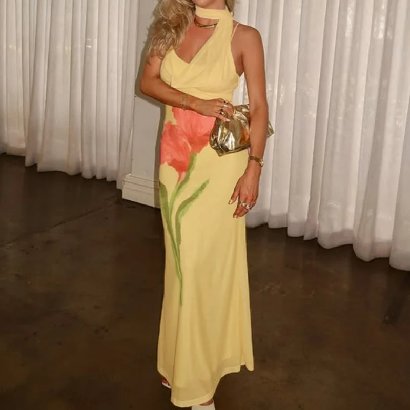 فستان كامي نسائي مزين بالزهور بدون أكمام وحزام سباغيتي رسن Bodycon فستان طويل للشاطئ فساتين الخروج ملابس شاطئ صيفية