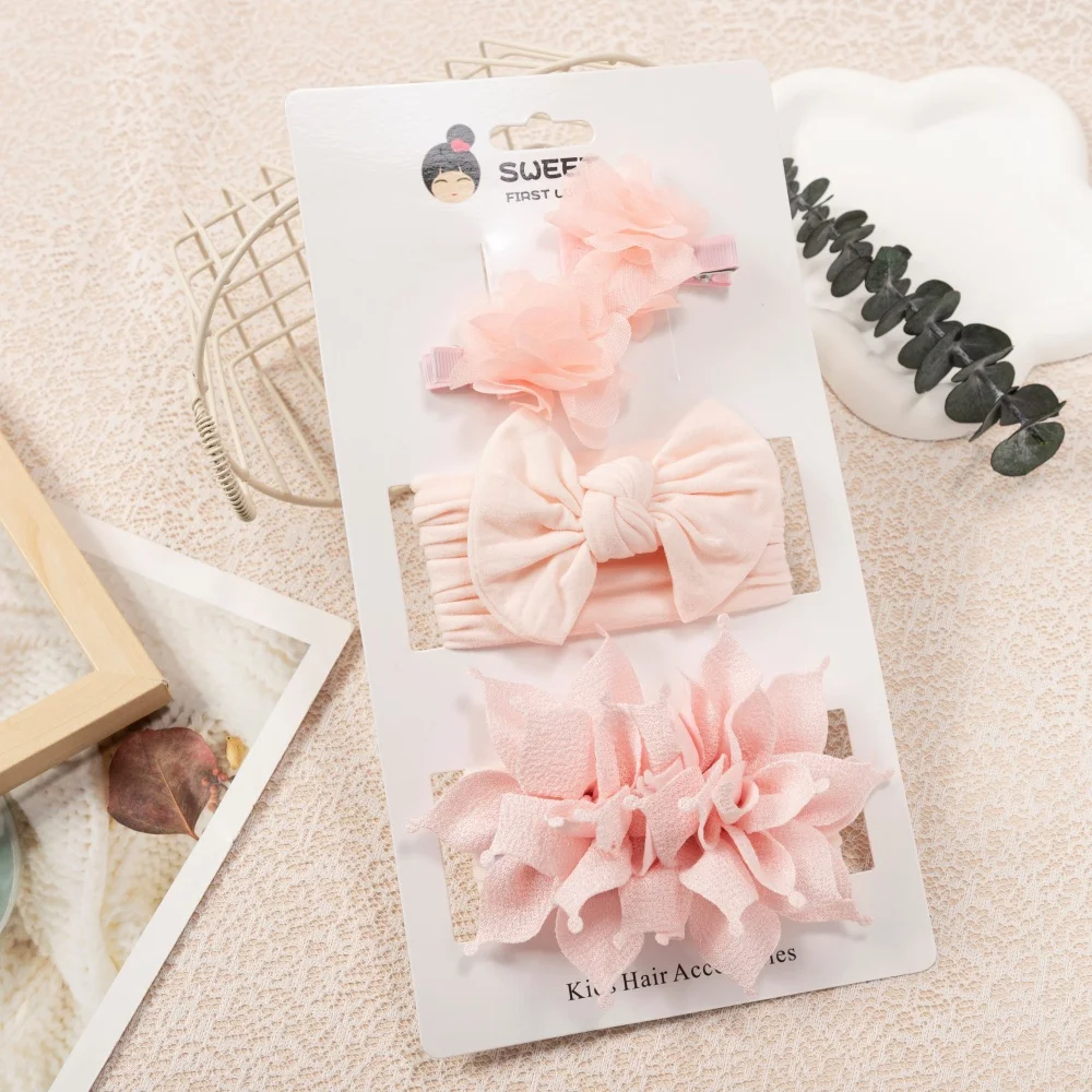 4 teile/satz Rosa Baby Mädchen Stirnband Elastische Haarbänder Bogen Blume Turban Chiffon Floral Haar Clips Kinder Kopfbedeckungen Haar Zubehör