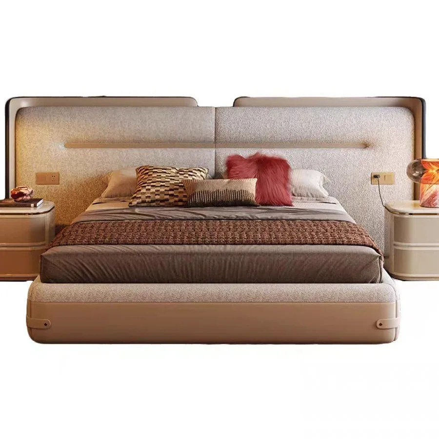 Modern light luxury widescreen bed large flat villa granular velvet saddle leather bed minimalist fabric master bedroom bed