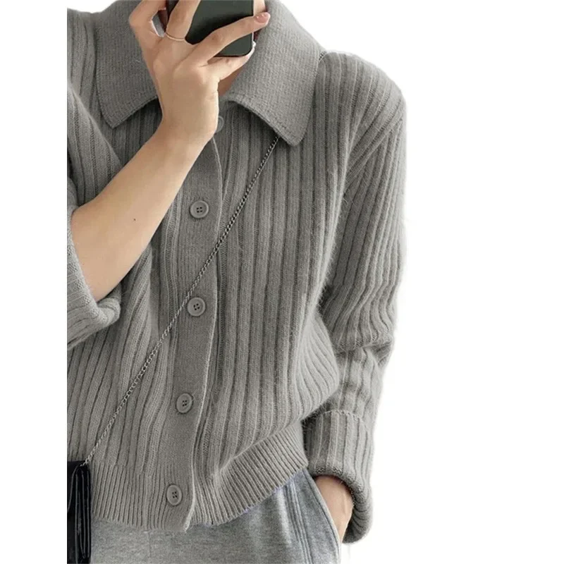 

Simple Small POLO Neck Knitted Cardigan Women 2025 Spring New Korean Version Short Solid Color Single-breasted Relaxation Top