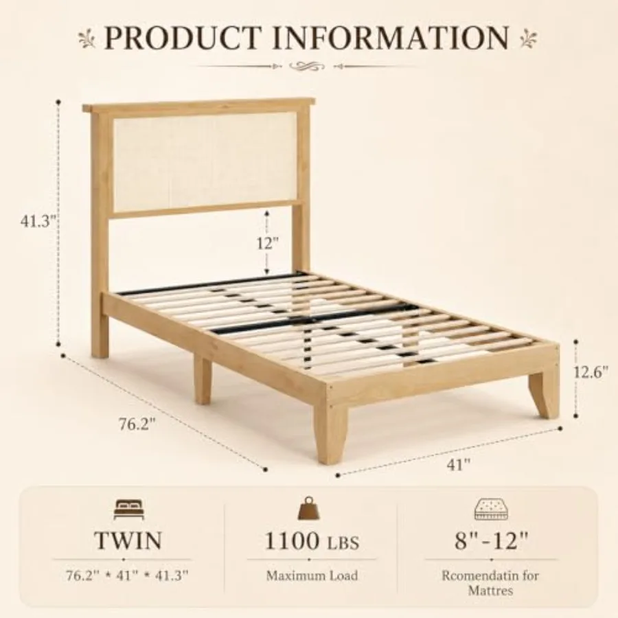 Wood Bed Frame with LED Light and Rattan Headboard Modern Bedroom Furniture, Warm White Lighting, Natural Beige Finish, Space-S