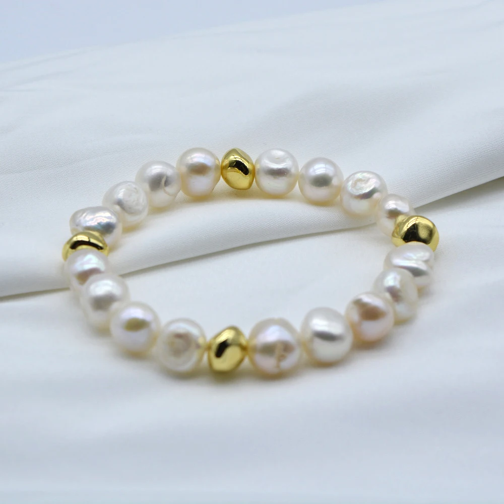 Baroque Pearl Bracelet White Natural Pearl Irregular Shape Meteorite Gold Accessories Women's Elastic Bracelet