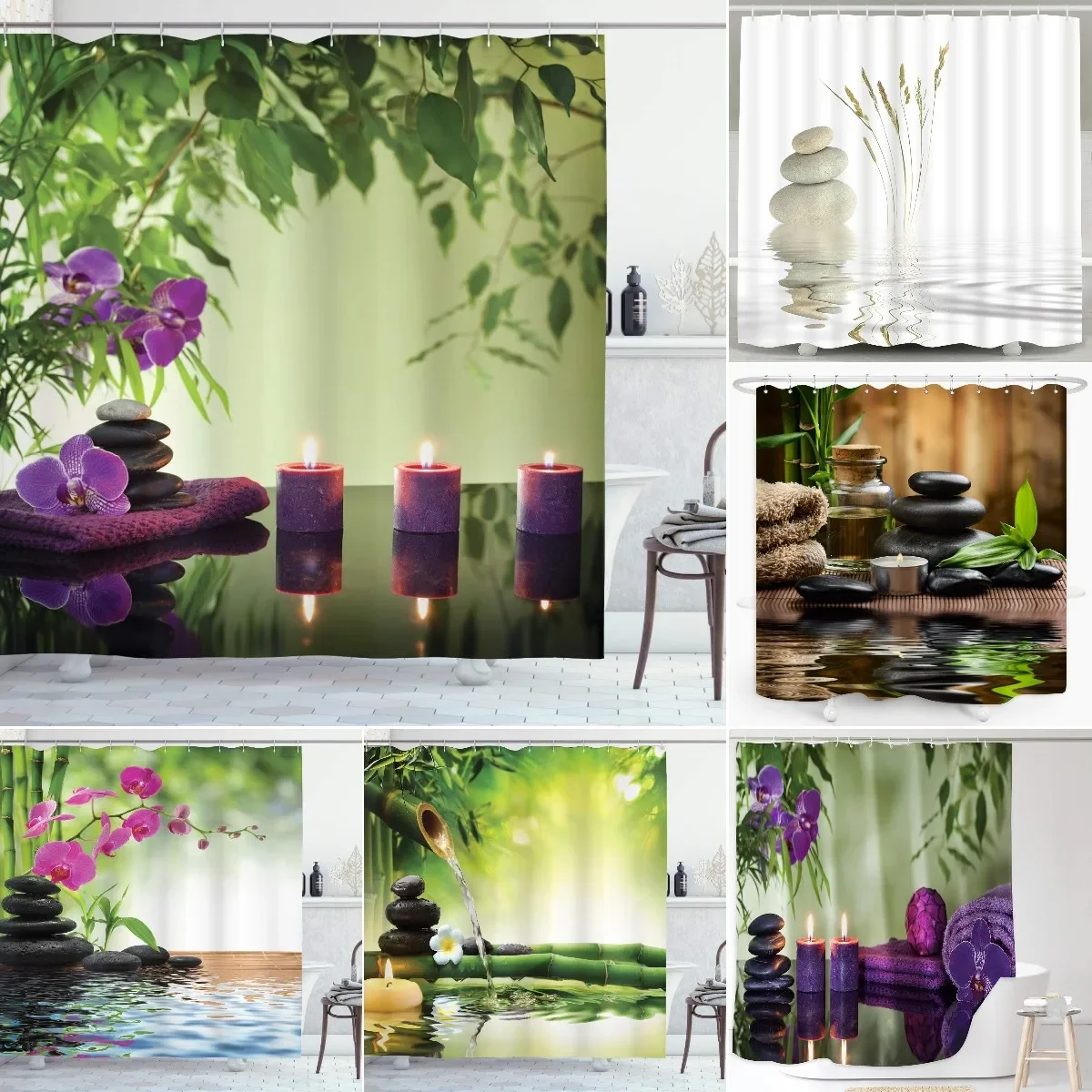 

Занавеска для душа Zen Spa, камни, ароматические свечи и орхидеи, тканевый набор для декора ванной комнаты с крючками, бледно-зеленый папоротник, зеленый цвет