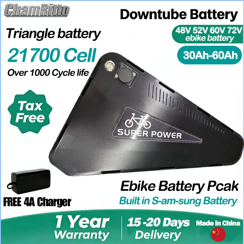 

Аккумулятор для электровелосипеда 36В 48В 52В, треугольный, 60В 72В 30Ач 40Ач 50Ач 60Ач, литиевая батарея 21700, 84В 3000Вт, высокомощный