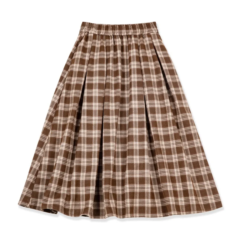 Maden Women\'s American Plaid Pocket Half Skirt Loose Relaxed Slim High Vintage Plaid Long Umbrella Skirt Autumn
