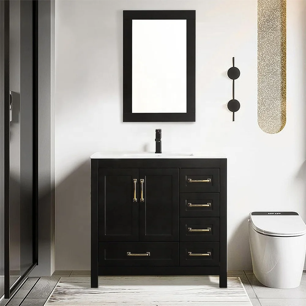 *-36 Inch Black Shower Bathroom Combo Set Eco Friendly MDF Spacious Storage Space Vanity Cabinet%