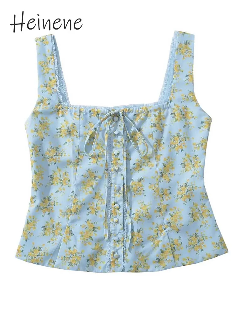 

Heinene Sexy Sleeveless Blue Floral Cropped Top Y2K Women Bandage Vintage Style Summer New Pattern Casual Slim Camis Streetwear