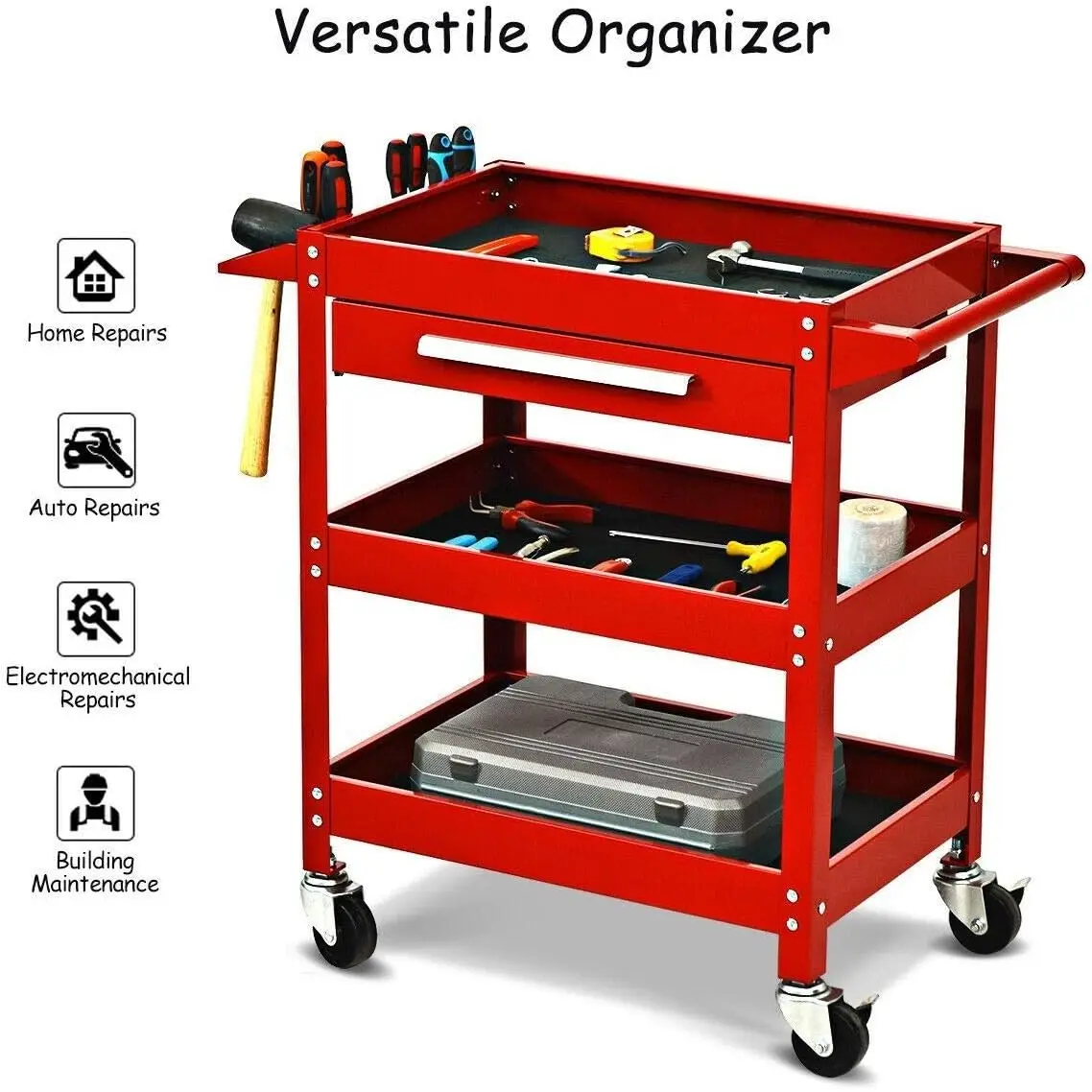 3 Tier Rolling Tool Cart Heavy Duty Metal Frame for Garage Industrial Service Cart with Drawer